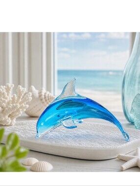 Fifth Avenue  " VINTAGE " Crystal Blue Glass Dolphin Figurine From 2004